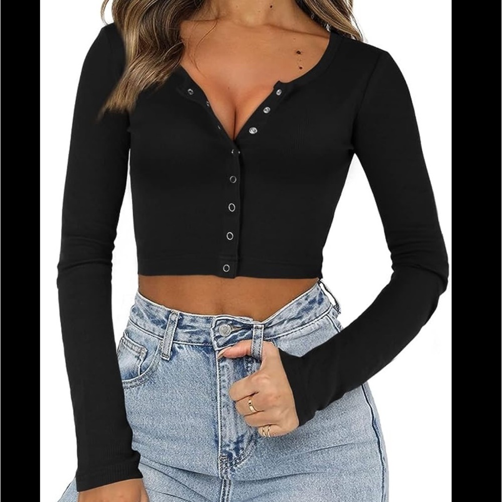 Fensace Womens Button Down Long Sleeve Crop Top Basic Knit Slim Fit Size XS - Picture 2 of 10